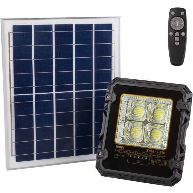 foto del prodotto greenice - proiettore da 100 w con pannello solare e telecomando ip65 1916-flsol-100w-cw