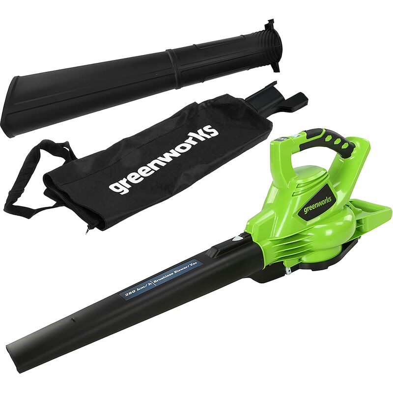 foto del prodotto greenworks 40v aspiratore soffiatore a batteria per foglie, con motore brushless, 280km h, 9,63m min, sacco di raccolta da 45l, senza batteria e