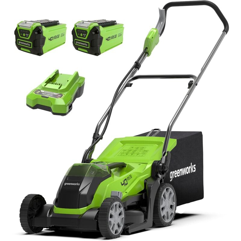 foto del prodotto greenworks 40v tagliaerba a batteria per prati fino a 400m , ampiezza di taglio 35cm, sacca da 40l con due batterie 40v 2ah e 1 caricabatterie,
