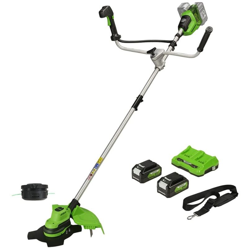 foto del prodotto greenworks 48v 2x24v decespugliatore a batteria con motore brushless,imbracatura,manubrio,ampiezza di taglio 38cm,filo nylon2mm,lama