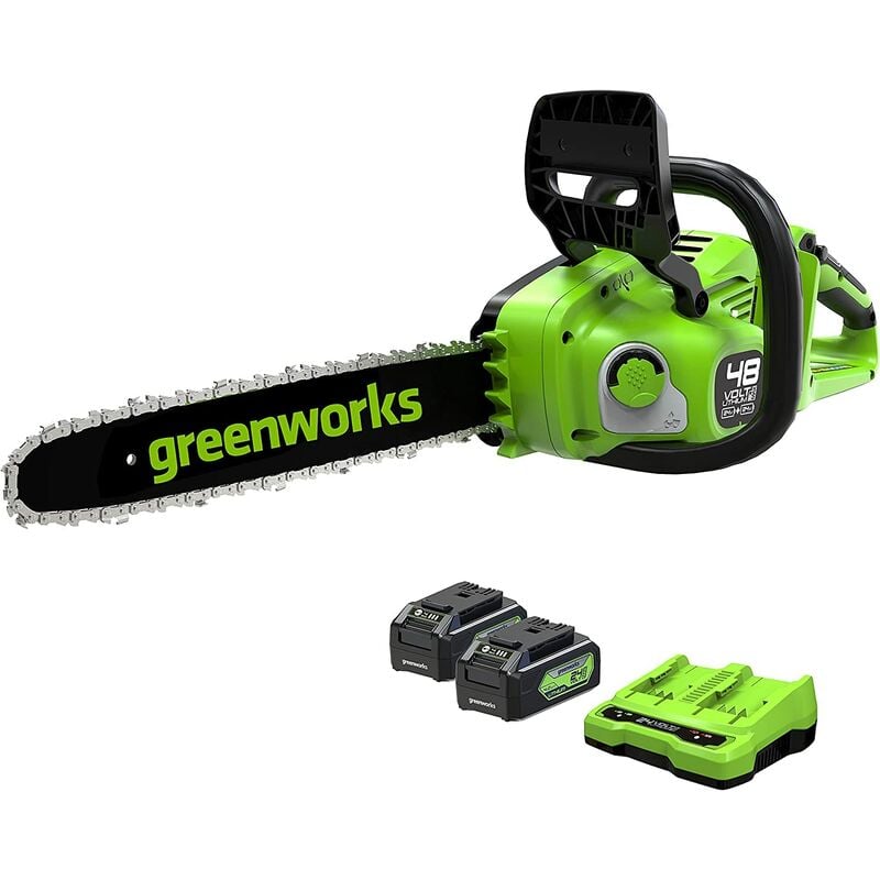 foto del prodotto greenworks 48v 2x24v motosega a batteria con motore brushless, lunghezza barra 14 pollice 35cm , velocit catena 20m s, con due 4ah e