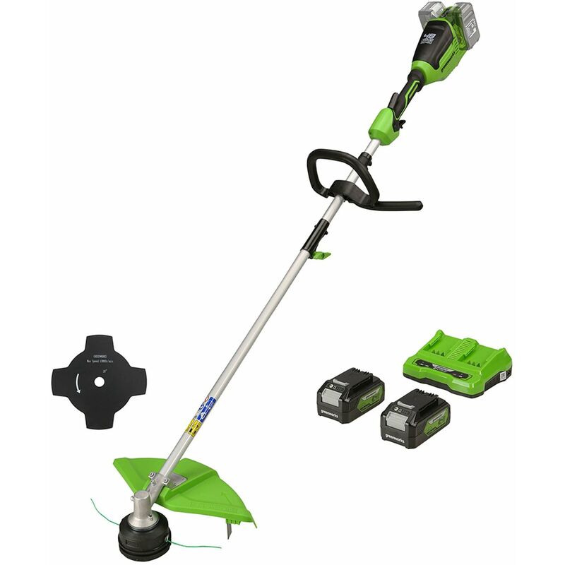 foto del prodotto greenworks 48v 2x24v tagliabordi a batteria x giardini medio piccoli, ampiezza taglio 40cm, erogazione a pressione doppio filo nylon 2mm, 2x