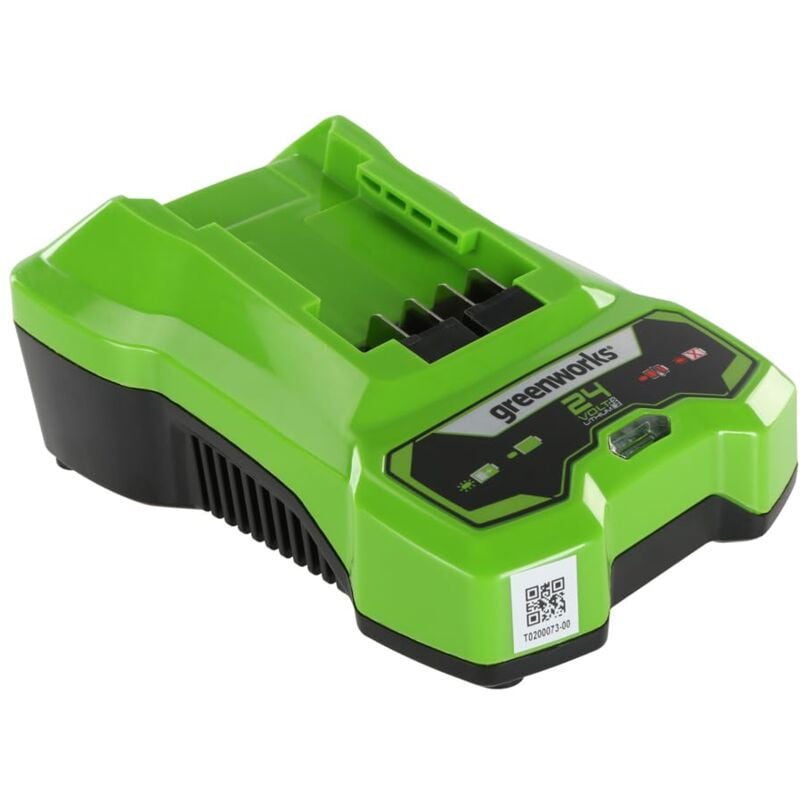 foto del prodotto greenworks caricabatteria 24v 2a, adatta per batterie 24v g24b2 e g24b4, originale installabile a muro indicatore led di ricarica, garanzia 3 anni