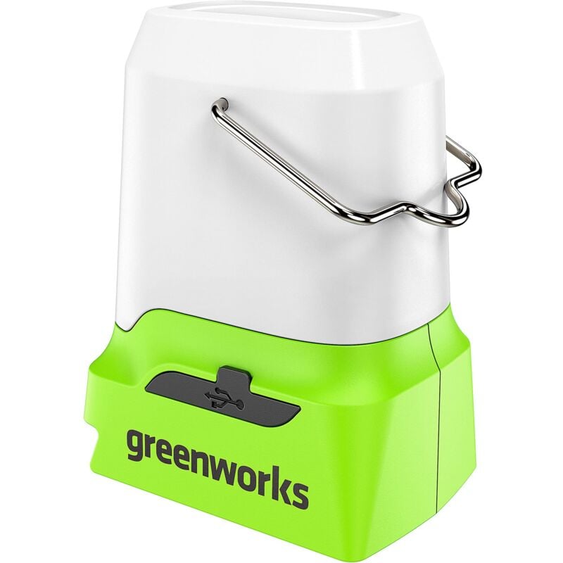 foto del prodotto greenworks g24la500 lanterna a batteria e luce da campeggio con gancio da appendere, 500 lumen, 3 impostazioni di luminosit , prese usb e tipo c,