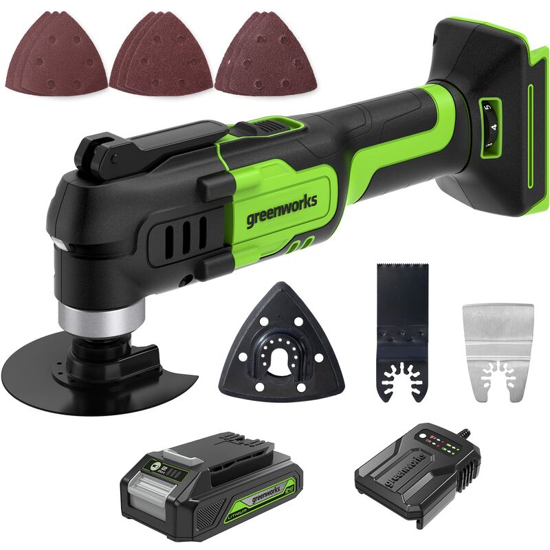 foto del prodotto greenworks g24mtk2 utensile multifunzione a batteria oscillante 6 velocit regolabili da 5000 a 18000 con 5 accessori con 2ah batteria