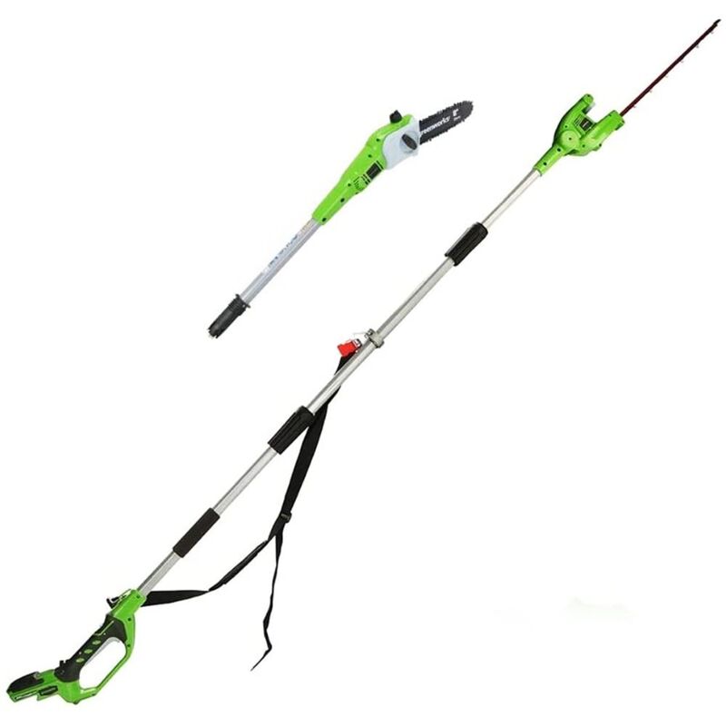 foto del prodotto greenworks g24psh sega e tagliasiepi ad asta a batteria 2 in 1 con tracolla, barra della sega ad asta 20cm, lame tagliasiepi 51cm a doppia azione