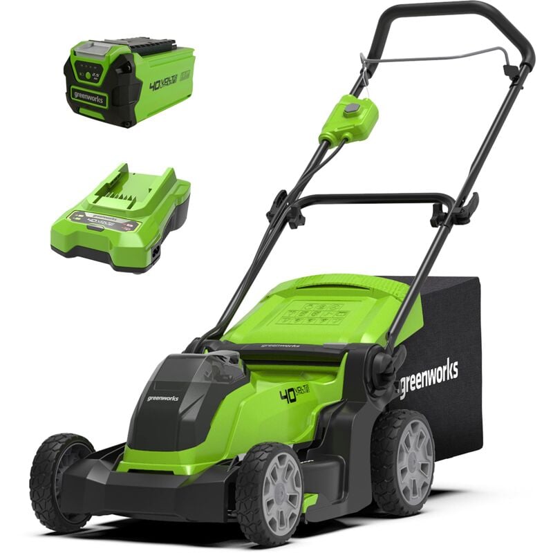 foto del prodotto greenworks g40lm41k25 tagliaerba a batteria per prati fino a 300 m , ampiezza di taglio 41cm, sacca da 50l con batteria 40v 2,5ah e caricabatterie,