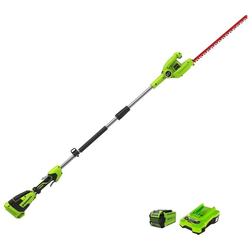 foto del prodotto greenworks g40phak2 tagliasiepi ad asta, batteria 40v 2ah con albero divisibile, lame doppia azione da 51cm, taglia rami spessi fino a 18mm, testa