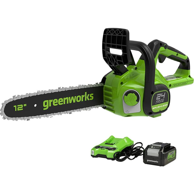 foto del prodotto greenworks gd24cs30k4 motosega a batteria con motore brushless, lunghezza barra 30cm, velocit catena 7,8m s, auto lubrificante, anti contraccolpi,