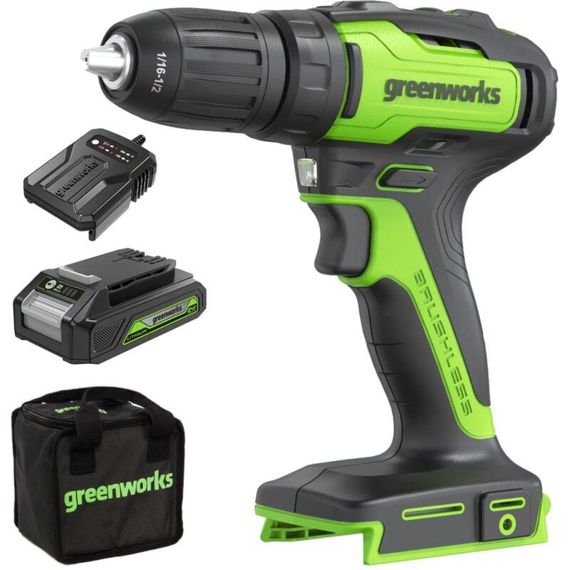 foto del prodotto greenworks gd24dd35k2 trapano avvitatore a batteria con motore brushless, 0 1450 giri min., 2 marce, 35nm di coppia, batteria 24v 2ah e