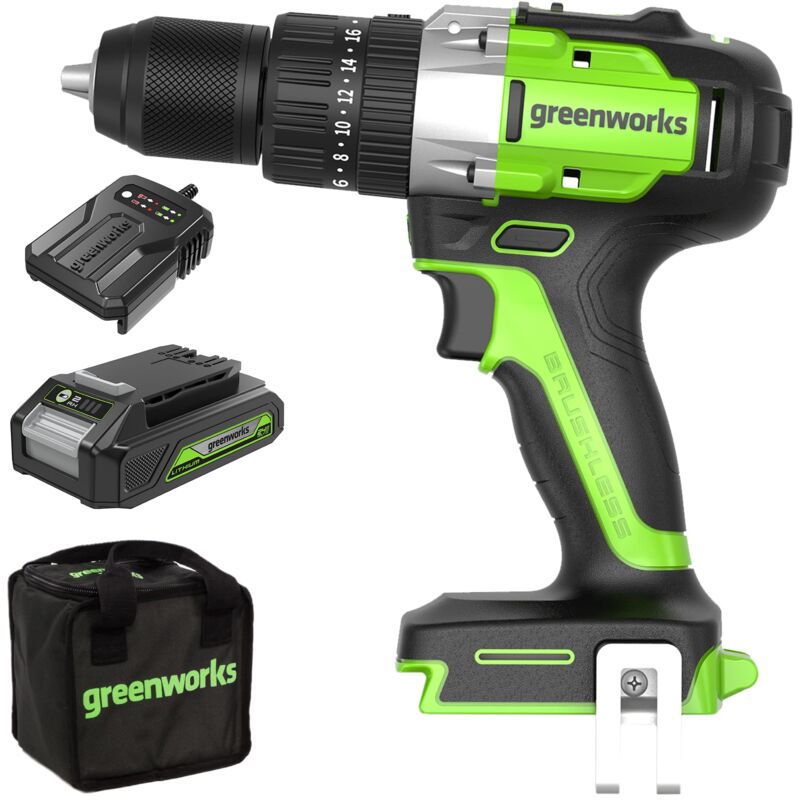foto del prodotto greenworks gd24dd60k2 trapano avvitatore a batteria con motore brushless, 0 1750 giri min, 2 marce, 60nm di coppia, custodia per il trasporto,