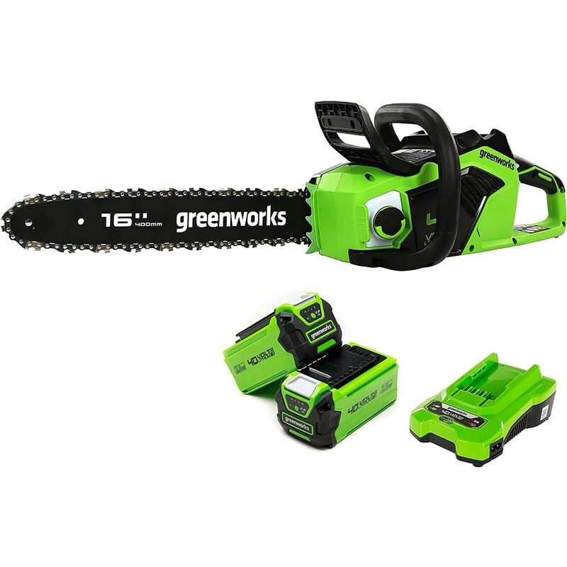 foto del prodotto greenworks gd40cs18k2x motosega a batteria con motore brushless, lunghezza barra 40cm, velocit catena 20m s, 3,81kg, auto lubrificante, anti
