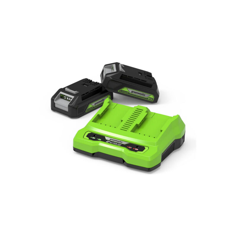 foto del prodotto greenworks starter kit 24v 2 batterie 2.0ah caricatore doppio 4.0ah gsk24b2x