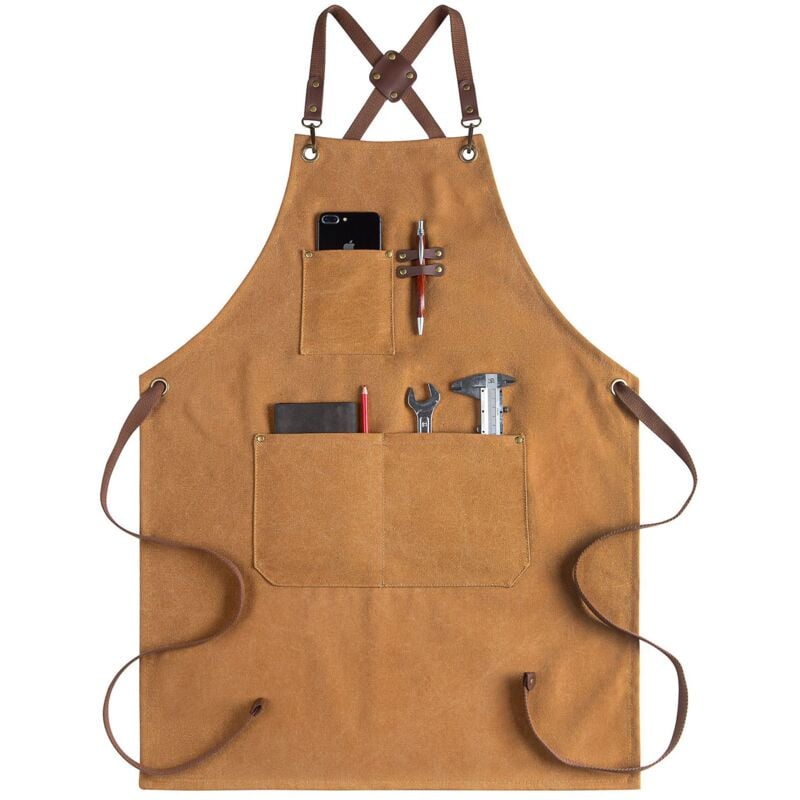 foto del prodotto grembiule da cucina per uomo e donna, in tela con tasche, con incrocio sulla schiena, per barbecue, grigliate e barbieri 1 confezione, marrone 
