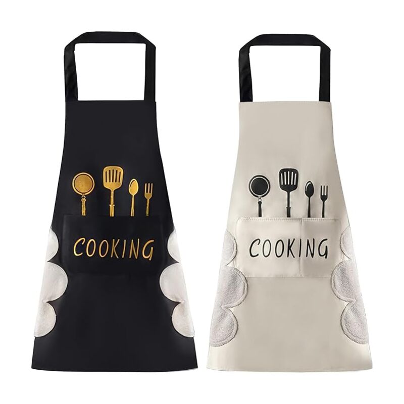 foto del prodotto grembiule da donna con tasche, grembiule nero con ampie tasche, asciuga mani, impermeabile, adatto per cucina, cottura al forno, barbecue nero 