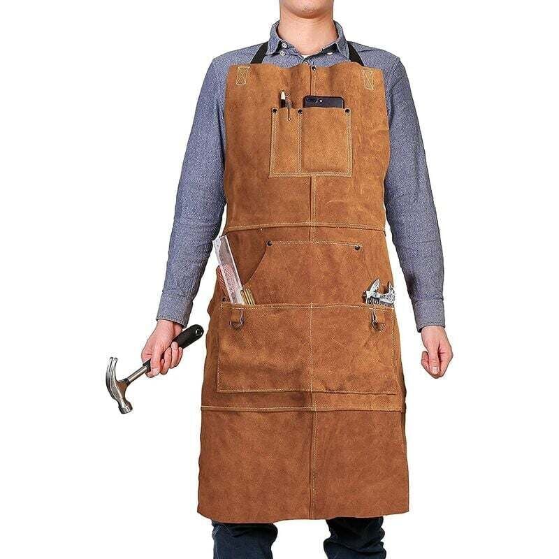 foto del prodotto grembiule da falegnameria in pelle, grembiule da lavoro con 6 tasche portautensili, grembiule da saldatura per uomo e donna, grembiule da officina