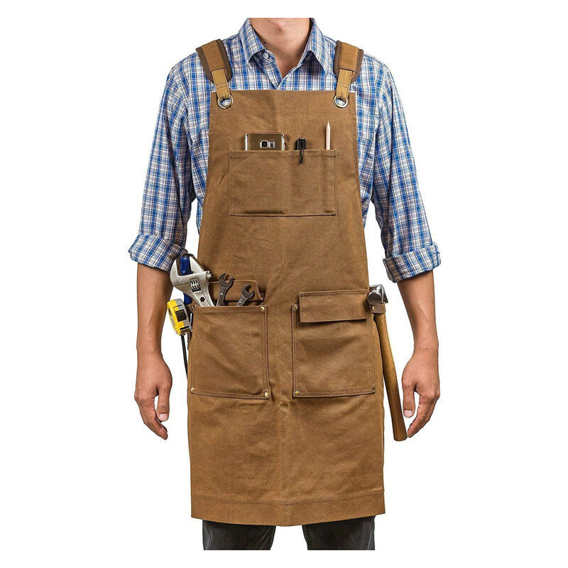 foto del prodotto grembiule da lavoro da uomo, grembiule da saldatura con 7 tasche, grembiule in tela cerata resistente per carpentiere, falegname con cinghie