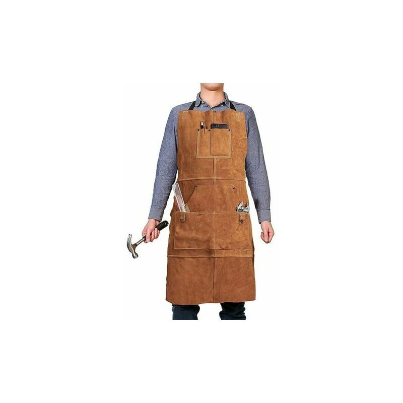 foto del prodotto grembiule da lavoro in pelle per la lavorazione del legno, grembiule da lavoro con 6 tasche per attrezzi, grembiule da saldatore per uomo e donna,