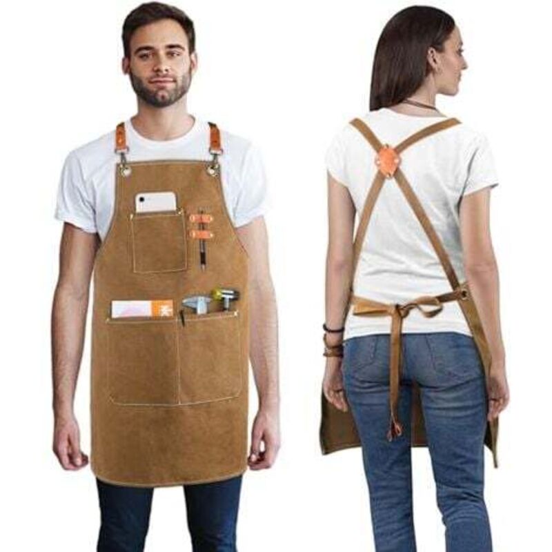 foto del prodotto grembiule da lavoro uomo donna, grembiule da cucina in tela regolabile con tracolla incrociata e 3 tasche, grembiule professionale per barbecue,