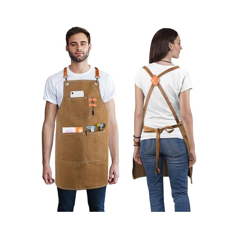 foto del prodotto grembiule da lavoro uomo donna, grembiule da cucina in tela regolabile con tracolla incrociata e 3 tasche, grembiule professionale per barbecue,