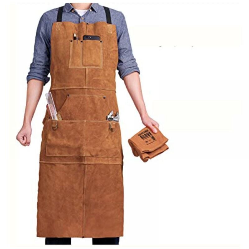 foto del prodotto grembiule da saldatore a 6 tasche, grembiule da lavoro in pelle ignifuga e resistente al calore, grembiule da carpentiere da uomo, regolabile dalla m