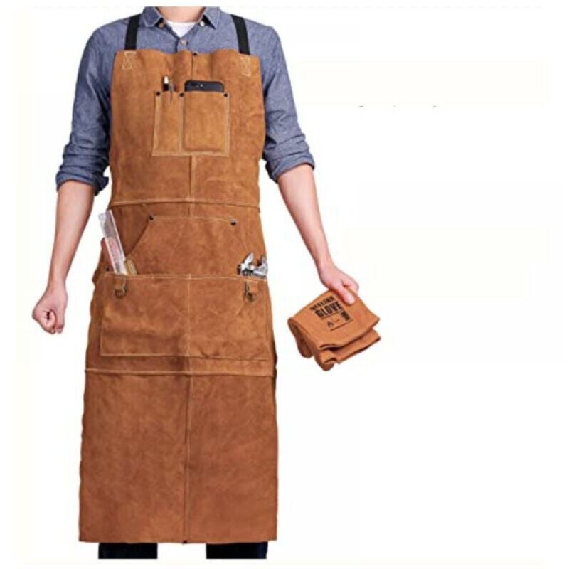 foto del prodotto grembiule da saldatore con 6 tasche, grembiule da lavoro in pelle ignifuga e resistente al calore, grembiule da carpentiere per uomo, regolabile