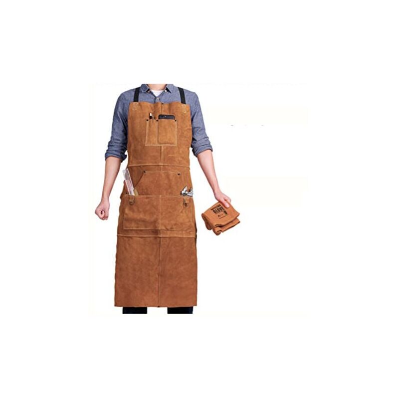 foto del prodotto grembiule da saldatore con 6 tasche, grembiule da lavoro in pelle ignifuga resistente al calore, grembiule da carpentiere da uomo regolabile dalla m
