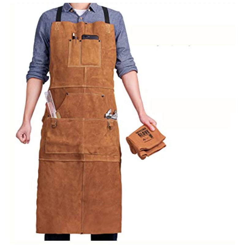 foto del prodotto grembiule da saldatore con 6 tasche, grembiule da lavoro in pelle ignifuga resistente al calore, grembiule da carpentiere regolabile da m a xxxl da