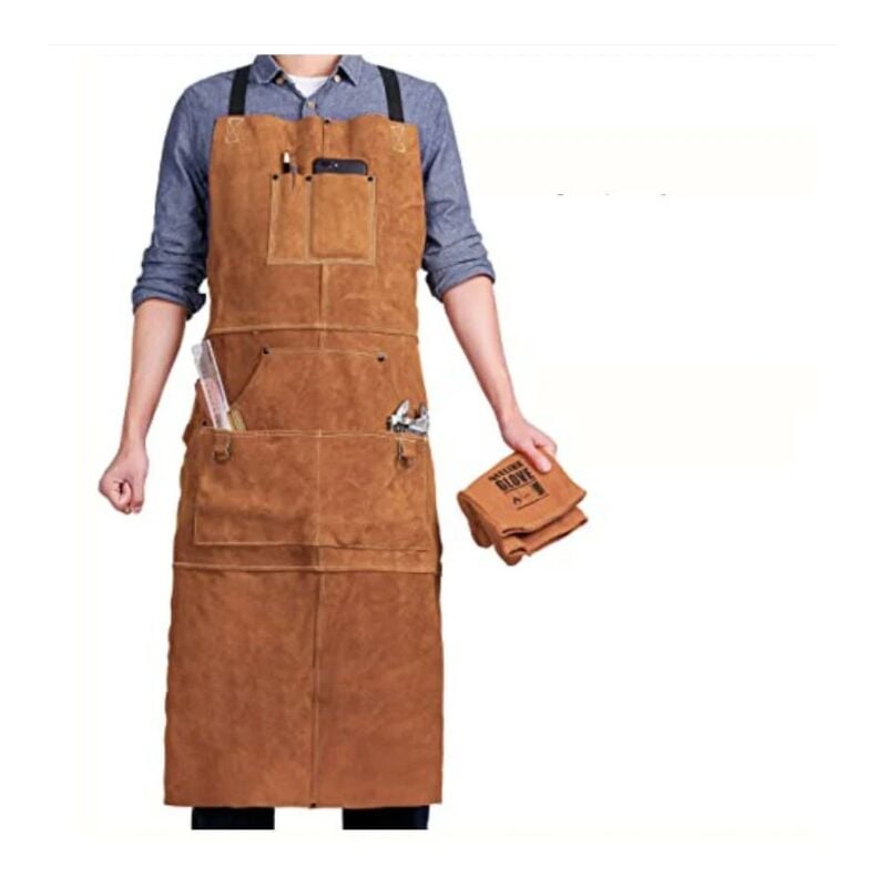foto del prodotto grembiule da saldatore con 6 tasche, grembiule da lavoro in pelle ignifuga resistente al calore, grembiule da carpentiere regolabile da uomo m xxxl,