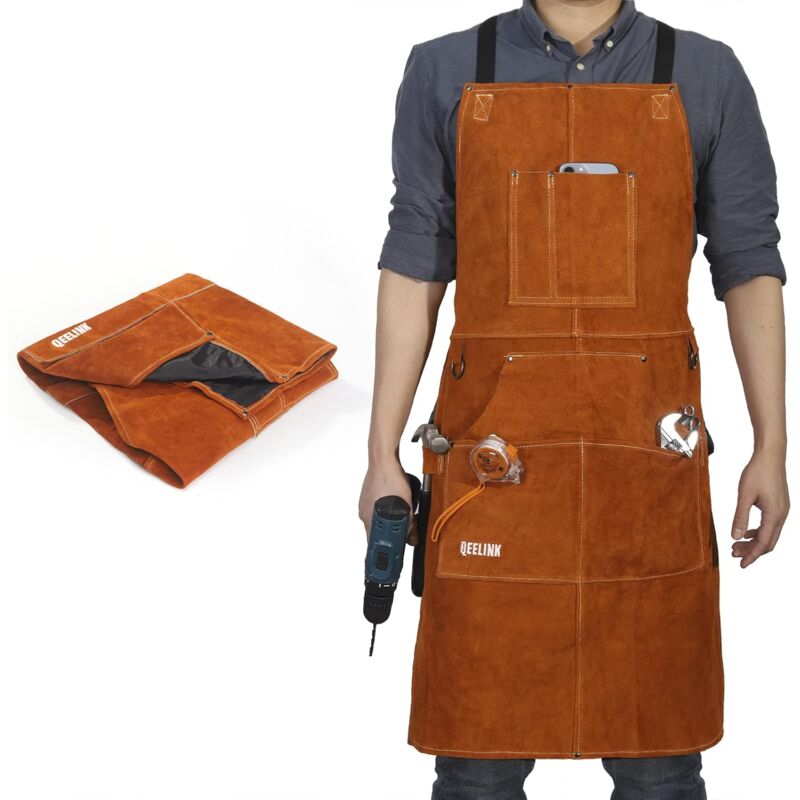 foto del prodotto grembiule da saldatore con 6 tasche, grembiule da lavoro in pelle ignifuga resistente al calore, grembiule da falegname per uomo, perfetto per