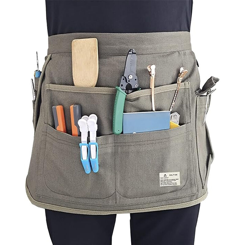 foto del prodotto grembiule in tela con 8 tasche, cintura portautensili per chef, barbiere, cameriere, giardiniere, artigiano, organizer per utensili verde militare 