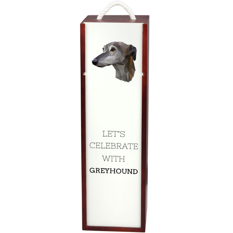 foto del prodotto greyhound, greyhound inglese scatola geometrica con foto e scritta per il vino di art dog