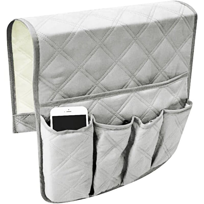 foto del prodotto grigio organizer per braccioli per poltrona, copertura protettiva per poltrona divano, tasche sospese salvaspazio, custodia antiscivolo per telefono,