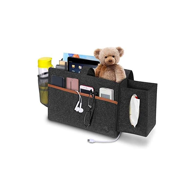 foto del prodotto grigio scuro, scatola per fazzoletti borsa da comodino, organizer per letto, tasche grigio scuro, organizer da appendere per tablet, libri,