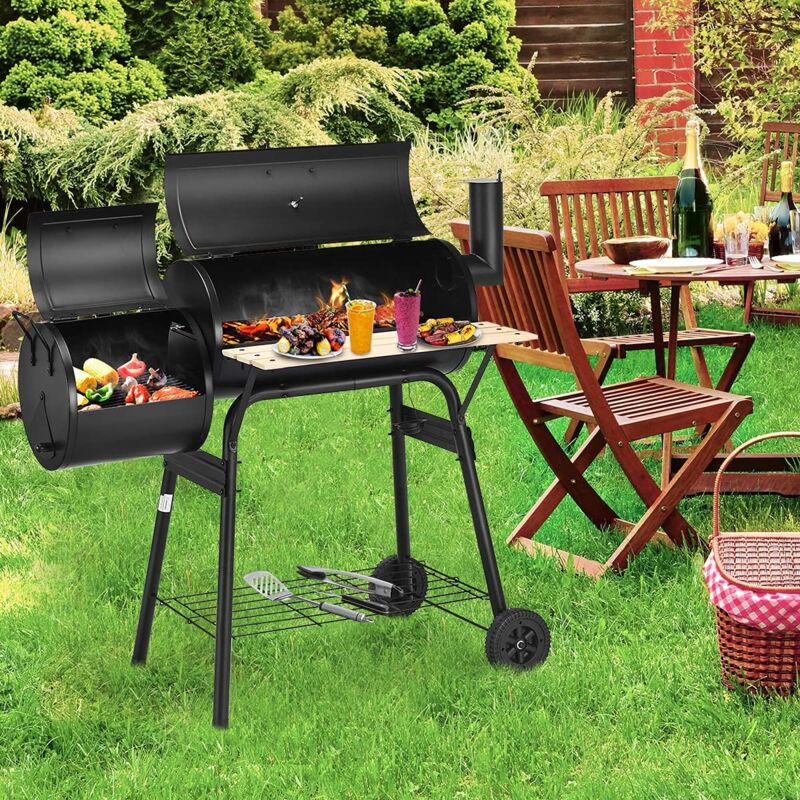 foto del prodotto griglia a carbonella con coperchio, carrello per barbecue su ruote con 2 griglie, termometro e ripiano per griglia, per picnic, feste, campeggio,
