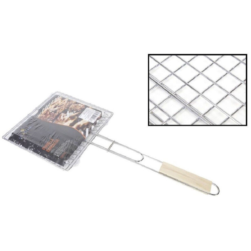 foto del prodotto griglia barbecue doppia grill manico in legno graticola arrosto pesce 22.5x20.5cm trade shop traesio