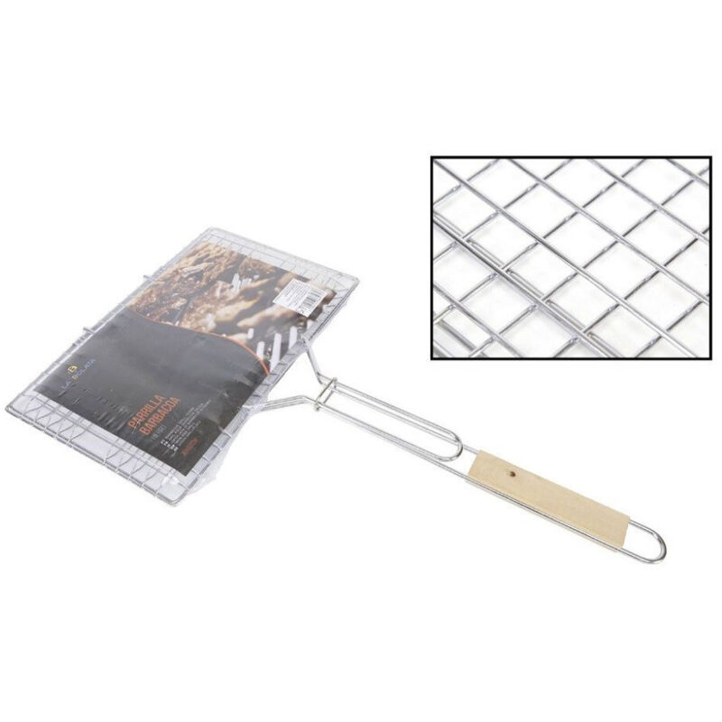 foto del prodotto griglia barbecue doppia manico legno graticola grigliata pesce arrosto 34,5x22cm trade shop traesio
