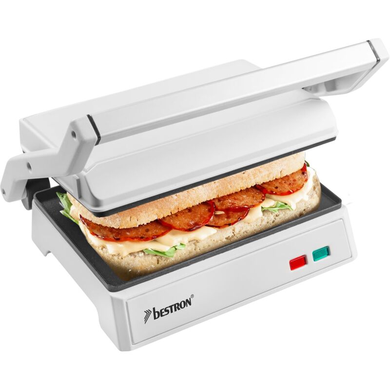 foto del prodotto griglia elettrica a contatto con vassoio di raccolta, sandwich maker con manico cool touch e apertura a 180 , con rivestimento antiaderente, modello