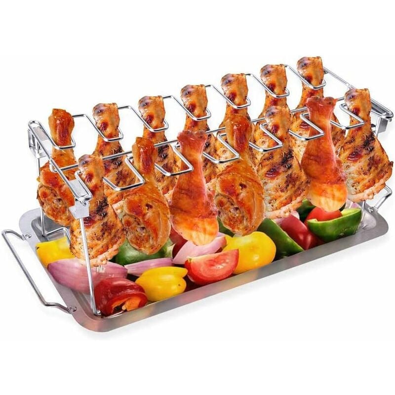 foto del prodotto griglia per ali di pollo, supporto griglia pollo acciaio inossidabile, con vaschetta di raccolta per grigliare, supporto per griglia e barbecue,