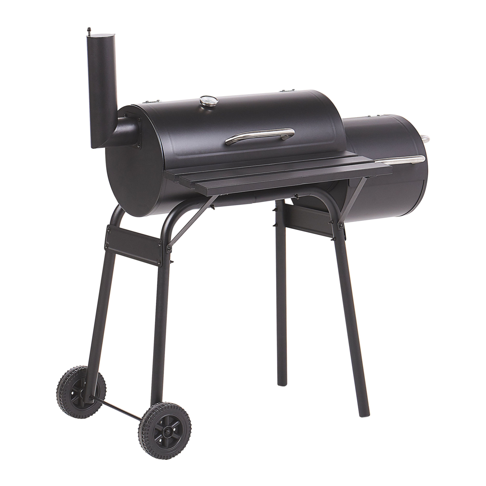 foto del prodotto griglia per barbecue a carbonella in acciaio nero con coperchio con ruote griglia di cottura con ripiano affumicatore sfalsato