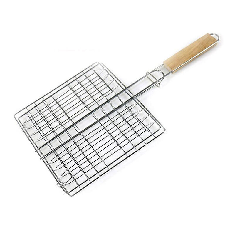 foto del prodotto griglia per barbecue da esterno in acciaio inossidabile da 2 pezzi, rete per barbecue quadrata con manico in legno, pinza per pesce alla griglia,