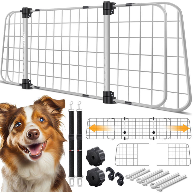 foto del prodotto griglia per cani per auto, protezione per auto, larghezza regolabile, griglia per bagagliaio, dimensioni 30 x 91 153 cm, grigio lovpet