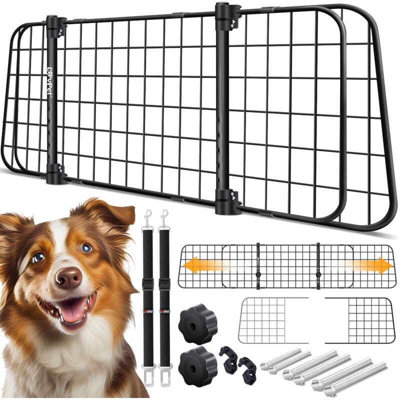 foto del prodotto griglia per cani per auto, protezione per auto, larghezza regolabile, griglia per bagagliaio, dimensioni 30 x 91 153 cm, nero lovpet