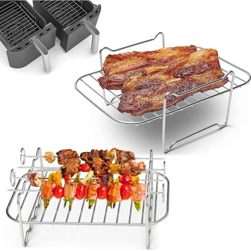 foto del prodotto griglia per friggitrice ad aria, griglia a doppio strato con spiedo, accessori rettangolari per friggitrice ad aria per arrostire e cuocere al forno,