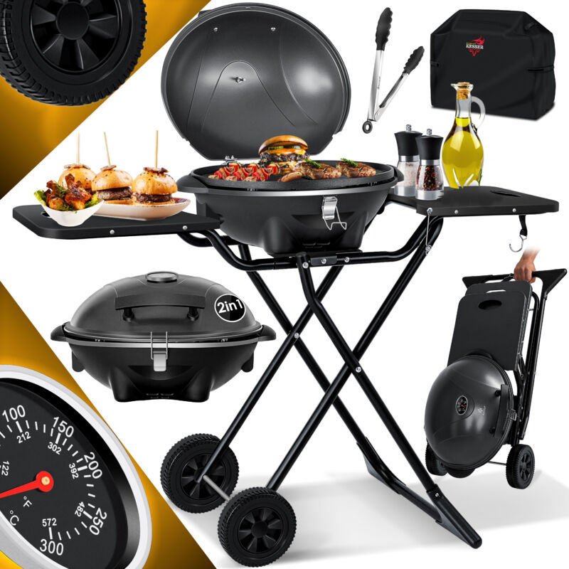 foto del prodotto gril lectrique de table 2en1 gril sur pied avec couvercle et pied, max. 2400 watt, pliable, thermom tre, rev tement antiadh sif, set con coperchio