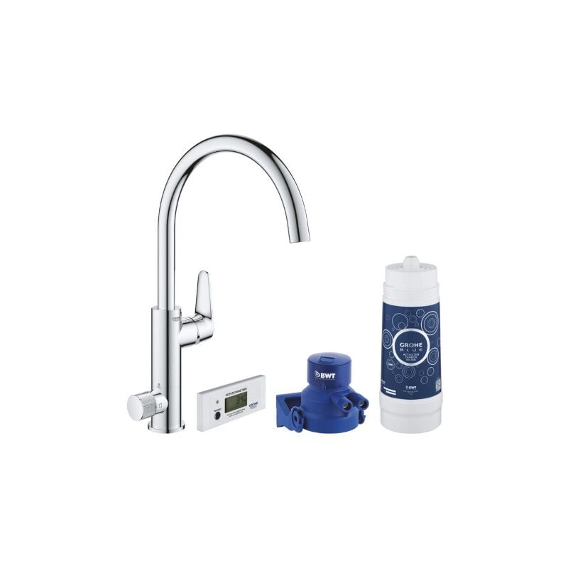 foto del prodotto grohe blue pure baucurve miscelatore per lavello cromo con sistema di filtraggio dell acqua starter kit filtro a carboni attivi per lavandino cucina