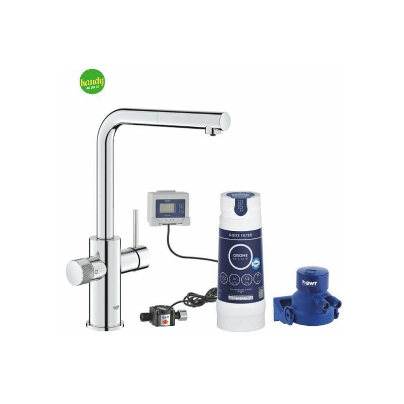foto del prodotto grohe rubinetto miscelatore monocomando 2 in 1 per lavello serie blue pure minta starter kit filtro a 5 fasi taglia s e doccetta estraibile 3 8 