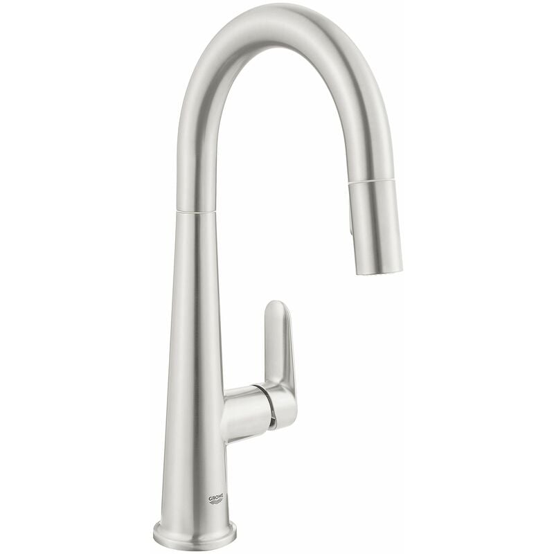 foto del prodotto grohe veletto miscelatore monocomando per lavello, satinato, con doccetta estraibile a 2 getti, bocca girevole, installazione veloce, 30419dc0