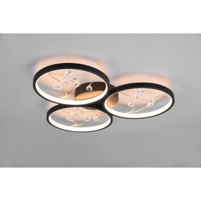 foto del prodotto groovy plafoniera led 3 cerchi con decori gemme nera funzione regolazione intensita interruttore a parete l. 62cm
