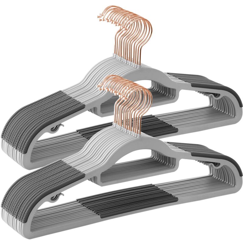 foto del prodotto grucce 30 pezzi, grucce appendiabiti in plastica, antiscivolo, salvaspazio, spesso 0,5 cm, largo 42 cm, gancio girevole a 360 color oro rosa, grigio